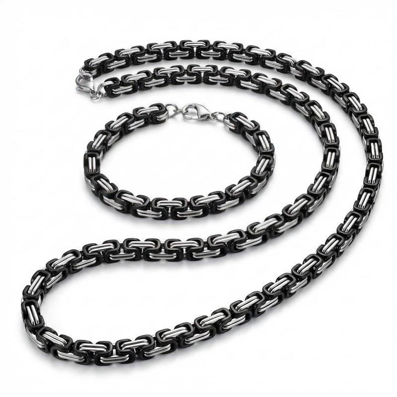 نصف ​طقم رجالي (سلسلة + سوار) مزيج بين اللون الأسود والفضي. ستانلس ستيل فخم، مقاوم للصدأ، وبتصميم عصري يجمع بين القوة والأناقة. - Image 1